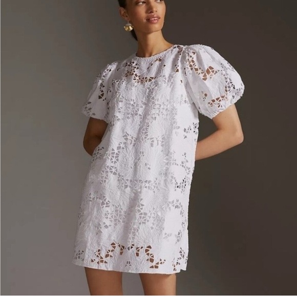 Anthropologie The Odells Juliette Lace White Crewneck Waistless Mini Dress Puff - Picture 2 of 5